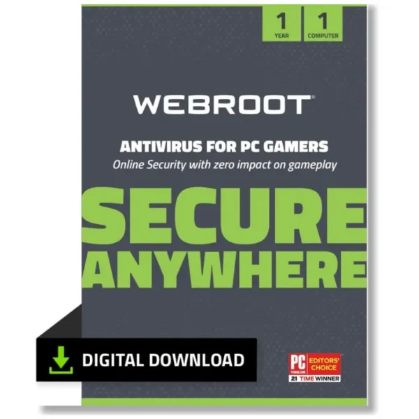 Webroot Antivirus for PC Gamers 2021 – 1 Device, Includes System Optimizer, 1 Year (PC Download)